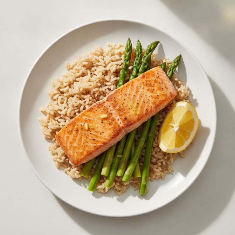 Seared Salmon with Steamed Asparagus and Brown Rice