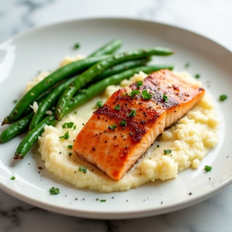 Seared Salmon with Steamed Green Beans and Cauliflower Mash