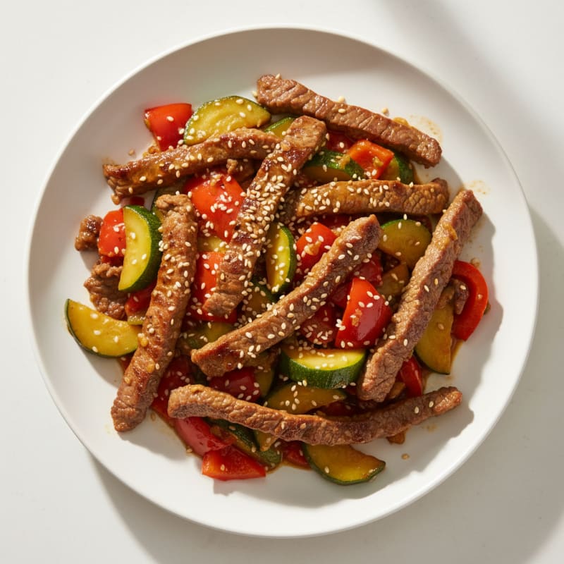 Seared Lean Beef Strips with Zucchini and Bell Pepper Stir-Fry
