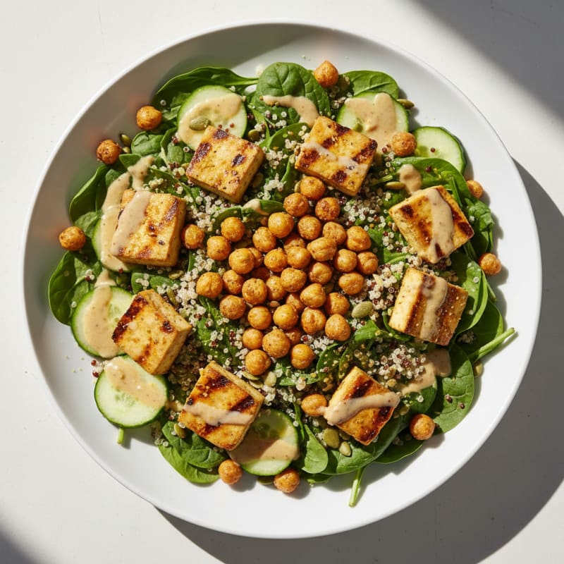 Grilled Tofu and Quinoa Salad with Crunchy Chickpeas