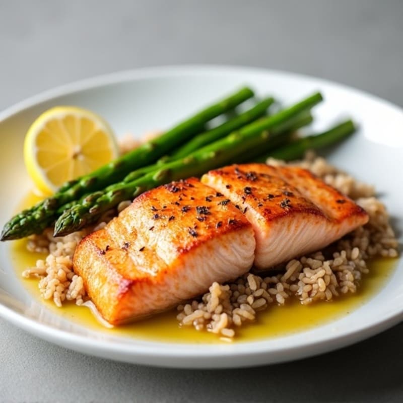 Seared Salmon Fillet with Steamed Asparagus and Brown Rice