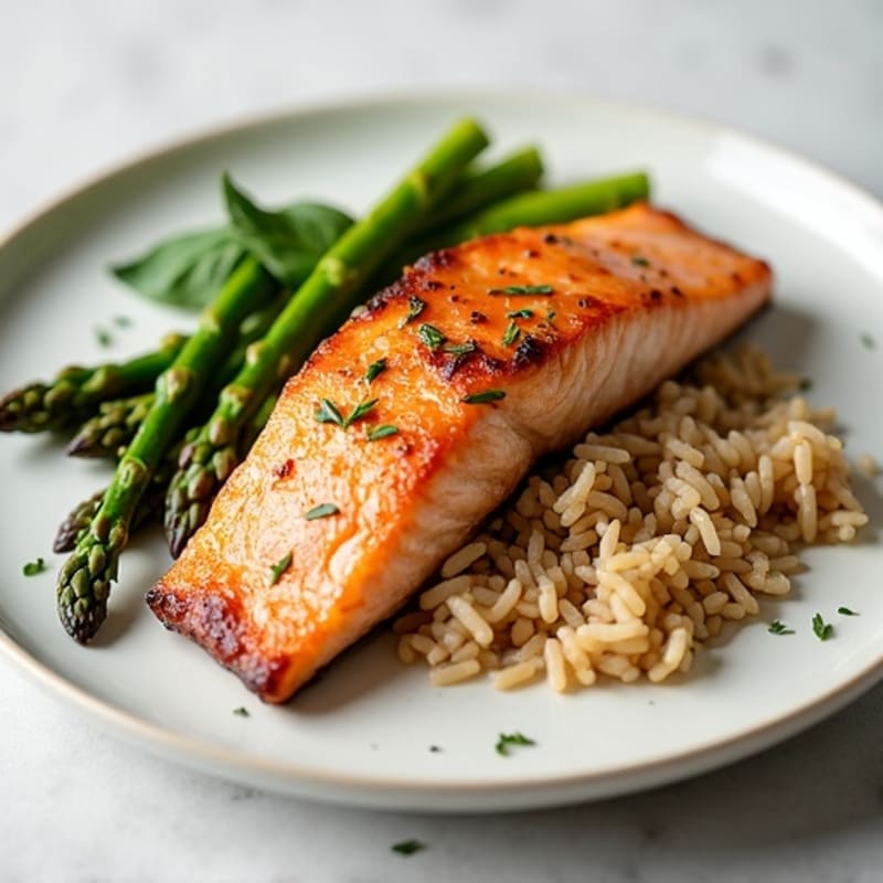 Seared Salmon Filet with Steamed Asparagus and Brown Rice