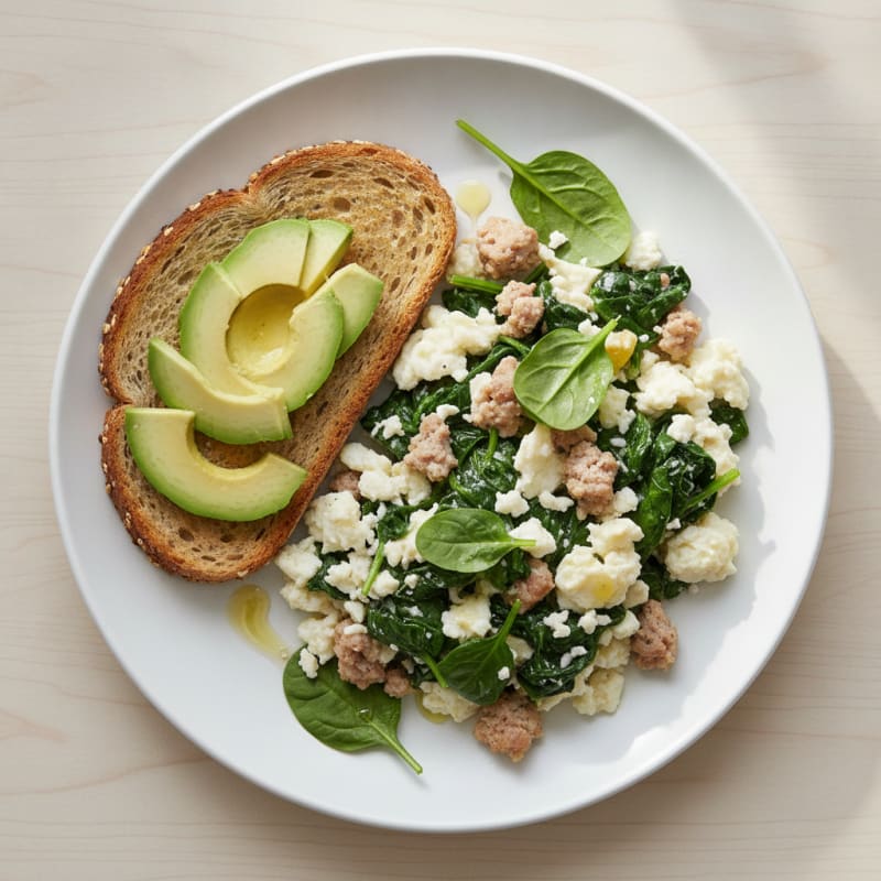 Egg White and Turkey Sausage Scramble with Sautéed Spinach