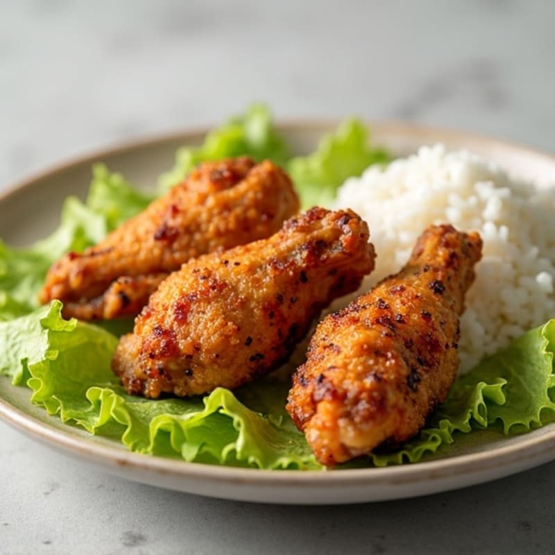 Crispy Baked Chicken Wings with Fresh Lettuce and Fluffy Rice