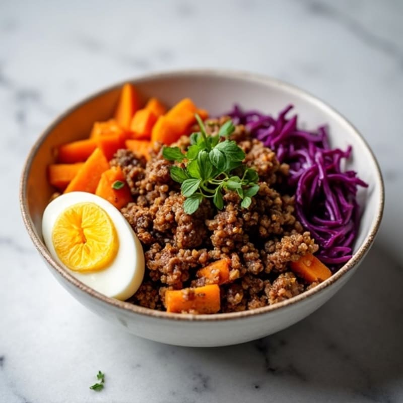 Ginger-Garlic Ground Beef Bowl with Sweet Potato and Purple Cabbage