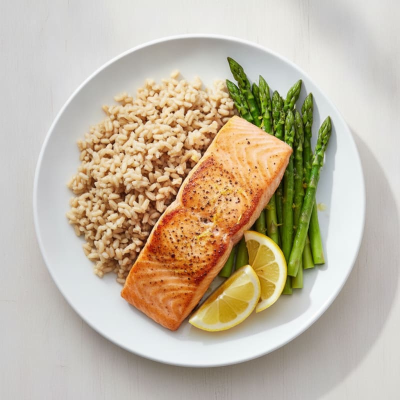 Seared Salmon with Steamed Asparagus and Brown Rice
