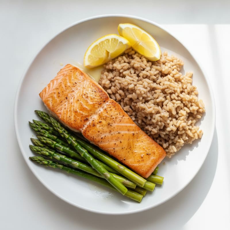 Seared Salmon with Steamed Asparagus and Brown Rice