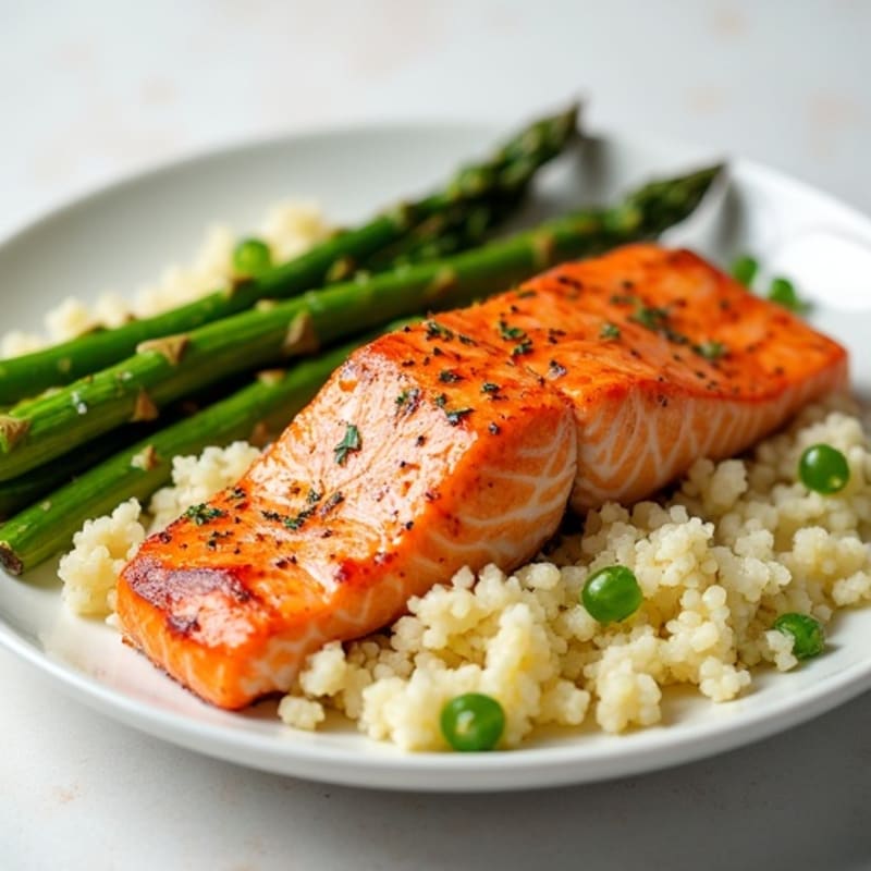 Seared Salmon Fillet with Roasted Asparagus and Cauliflower Rice