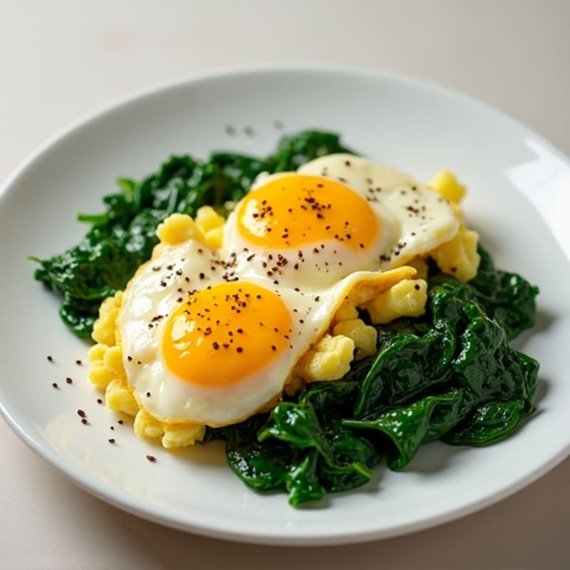 Scrambled Eggs with Cottage Cheese and Sautéed Spinach