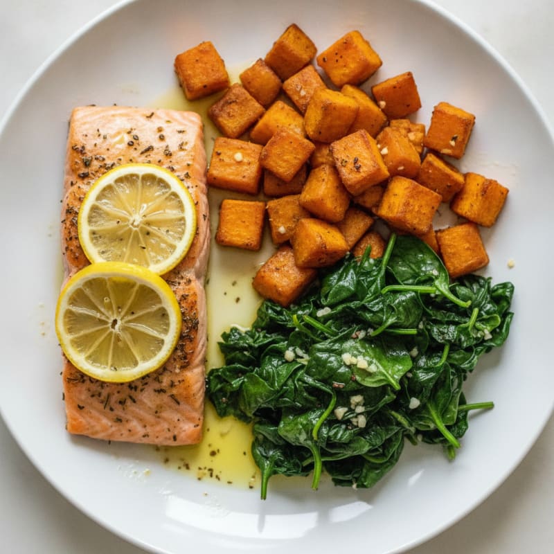 Herb-Roasted Salmon with Garlic Spinach and Roasted Sweet Potatoes