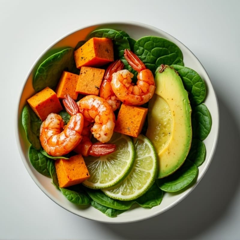 Spicy Shrimp and Roasted Sweet Potato Bowl with Creamy Guacamole