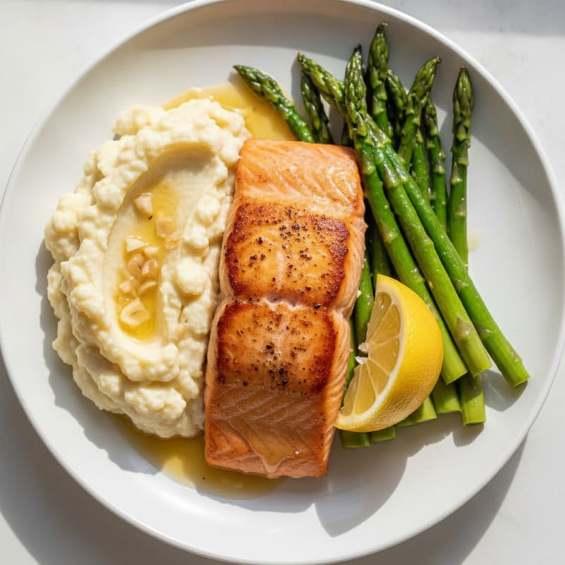 Seared Salmon with Steamed Asparagus and Garlic Mashed Cauliflower