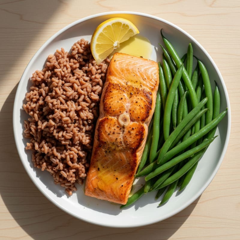 Seared Salmon with Steamed Green Beans and Brown Rice