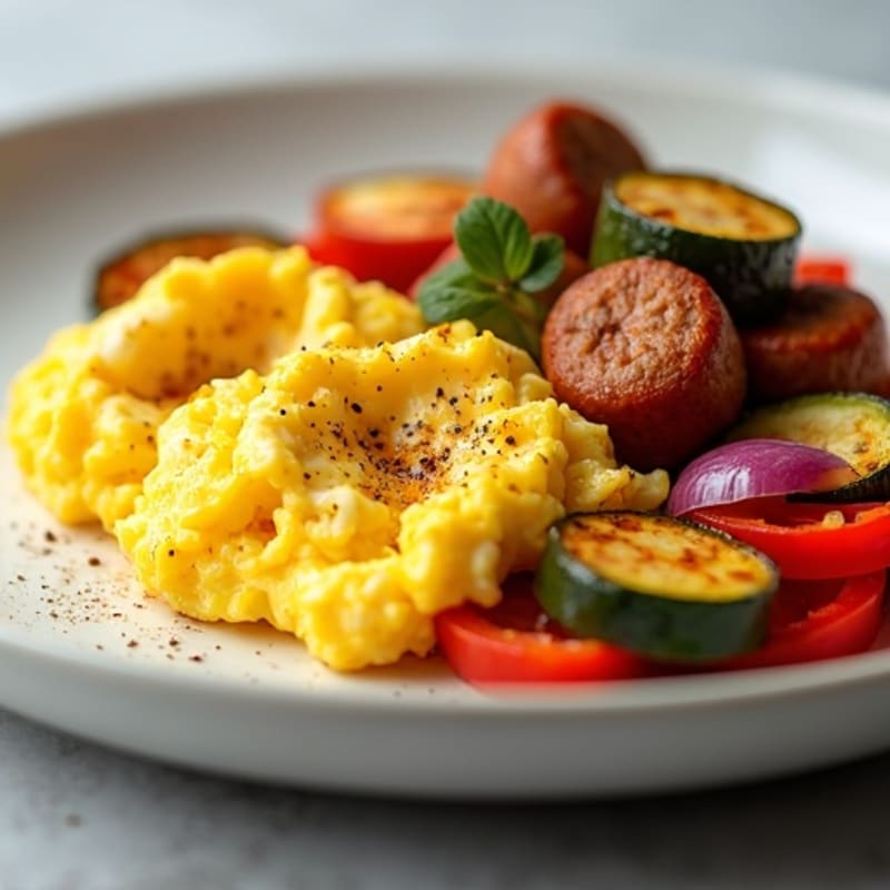 Scrambled Eggs with Chicken Sausage and Roasted Vegetables