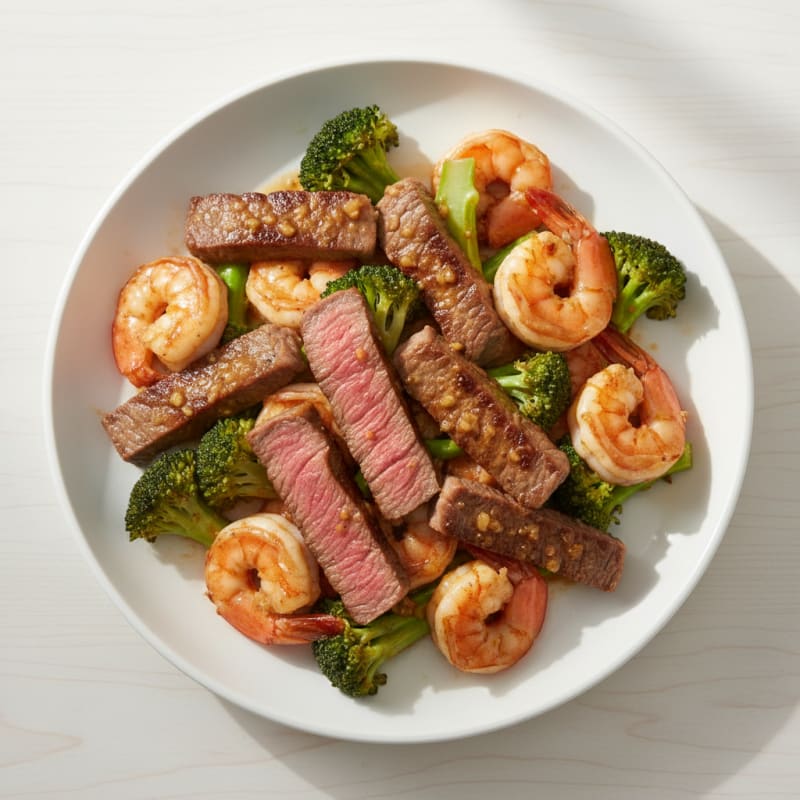 Tender Ginger-Garlic Steak and Shrimp