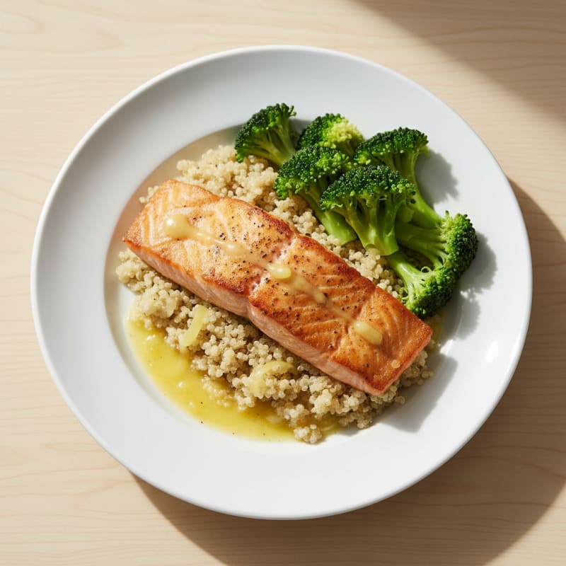 Seared Salmon with Steamed Broccoli and Lemon Quinoa