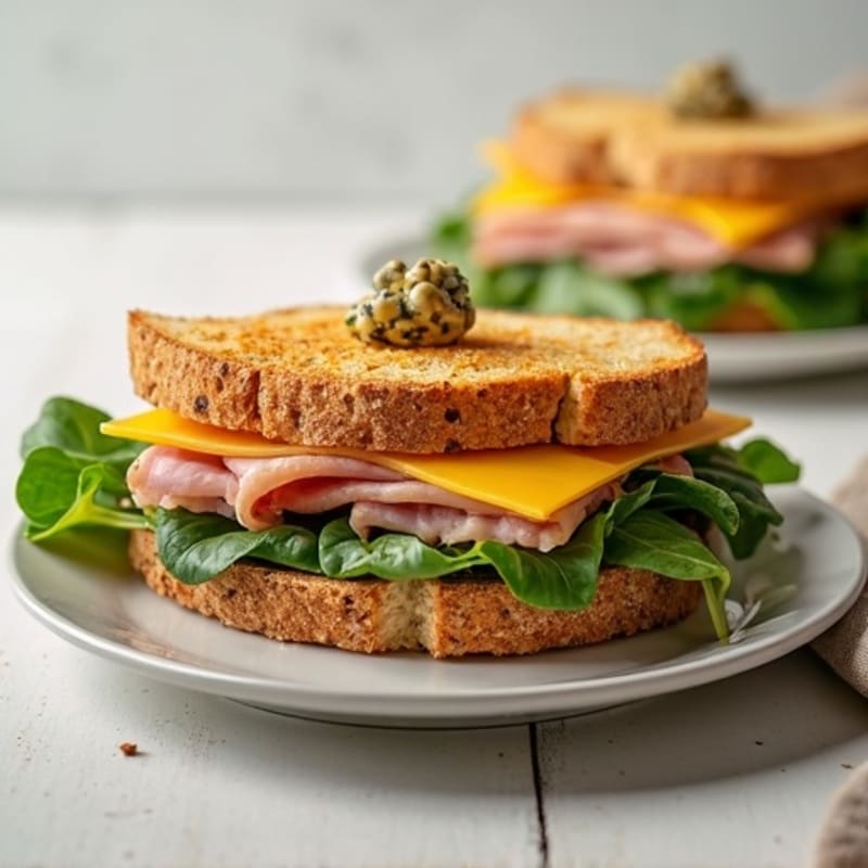 Baked Lean Ham and Swiss on Crispy Whole Grain with Creamy Dijon Spinach