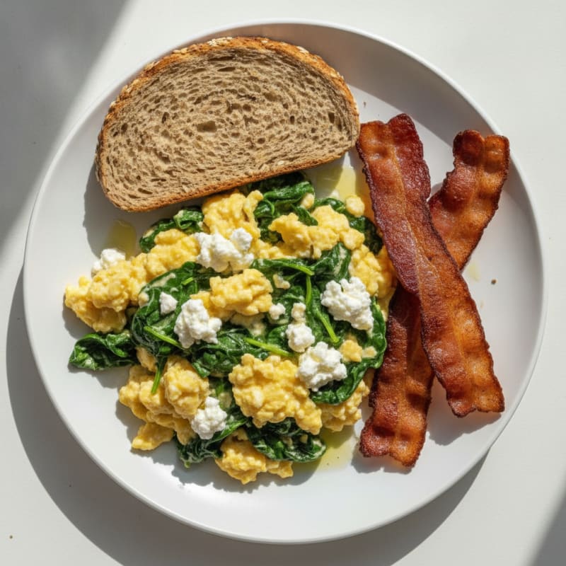 Cottage Cheese Egg Scramble with Spinach and Turkey Bacon
