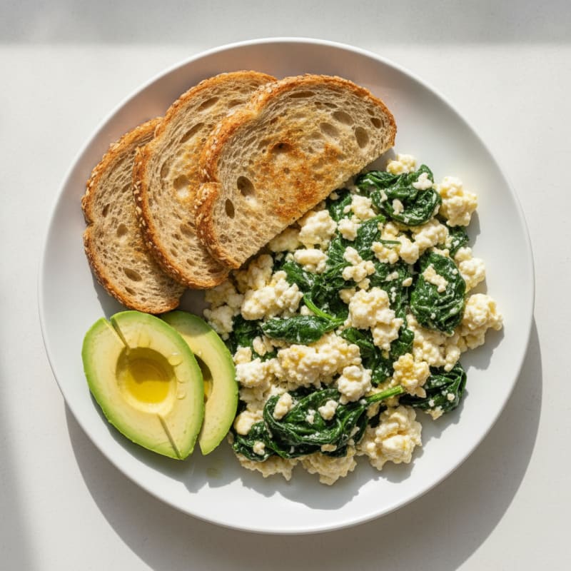 Scrambled Egg Whites with Cottage Cheese and Sautéed Spinach