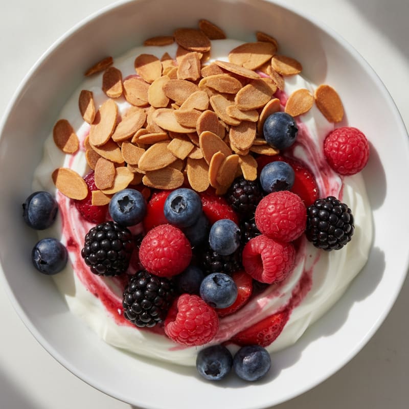 Greek Yogurt Protein Parfait with Mixed Berries and Almonds