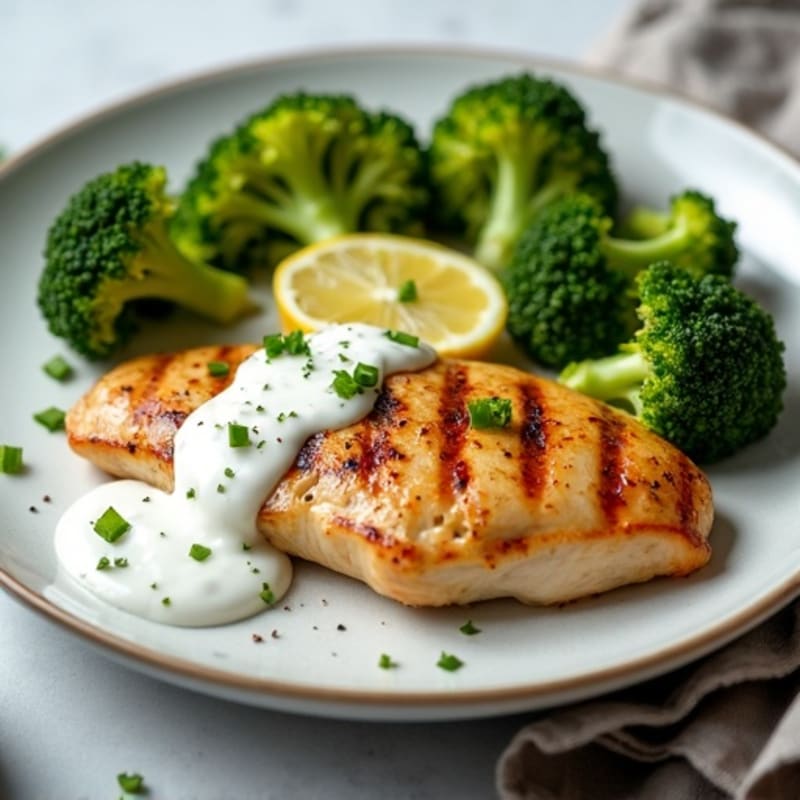 Grilled Chicken Breast with Roasted Broccoli and Garlic Yogurt Sauce