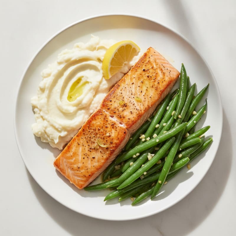 Seared Salmon with Garlic Green Beans and Mashed Cauliflower