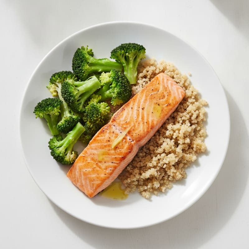 Seared Salmon with Steamed Broccoli and Quinoa