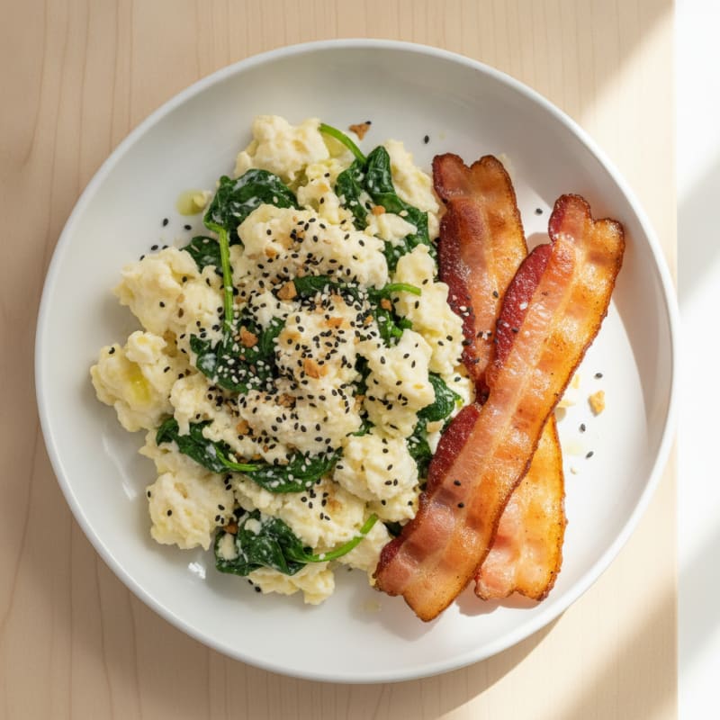 Egg White Spinach Scramble with Grilled Turkey Bacon