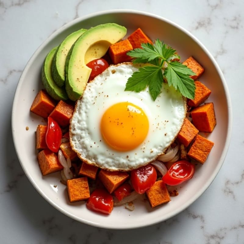 Crispy Sweet Potato Hash with Sunny-Side Up Eggs and Avocado