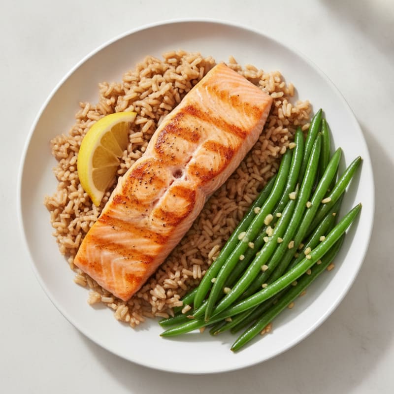 Seared Salmon with Garlic Green Beans and Brown Rice