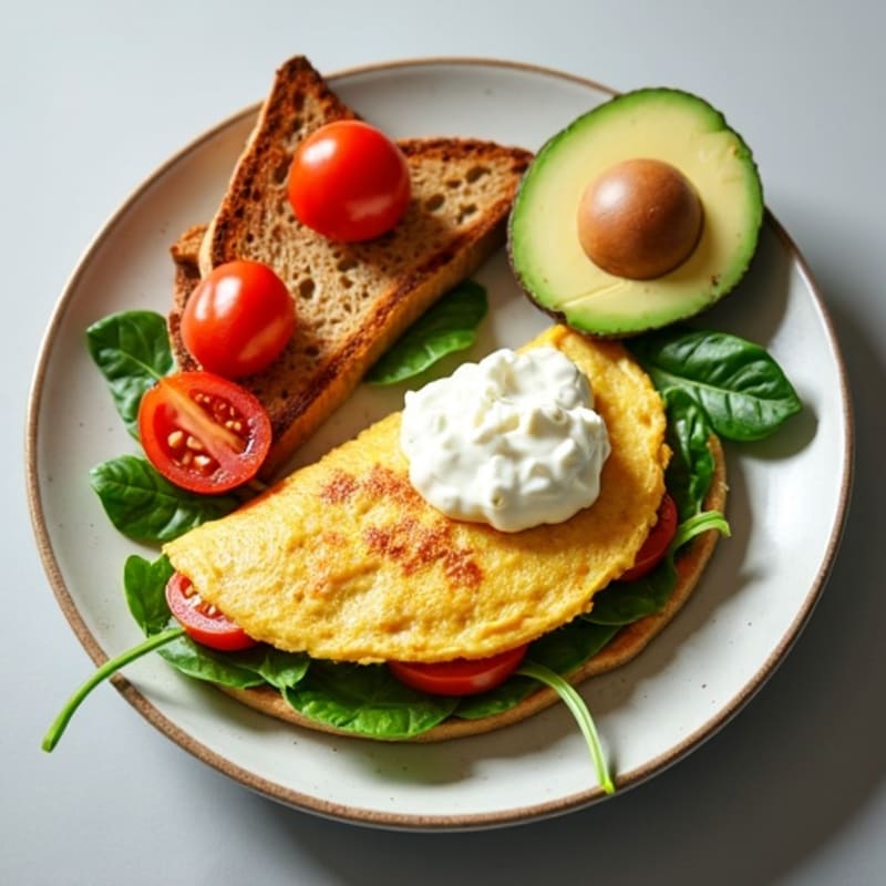 Egg White Spinach Omelette with Cottage Cheese, Cherry Tomatoes & Toast