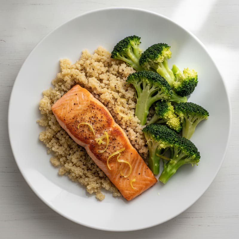 Seared Salmon with Steamed Broccoli and Lemon Quinoa