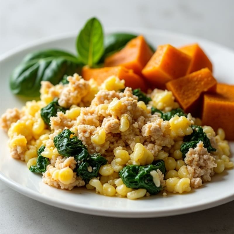 Egg White and Turkey Spinach Scramble with Roasted Sweet Potatoes