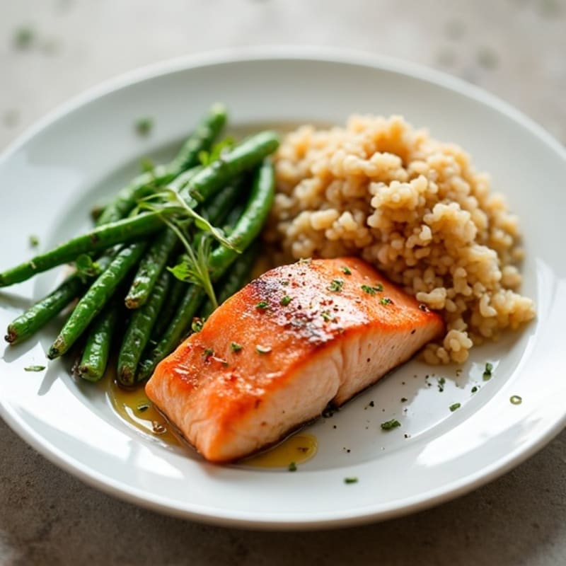 Seared Salmon with Garlic Green Beans and Brown Rice