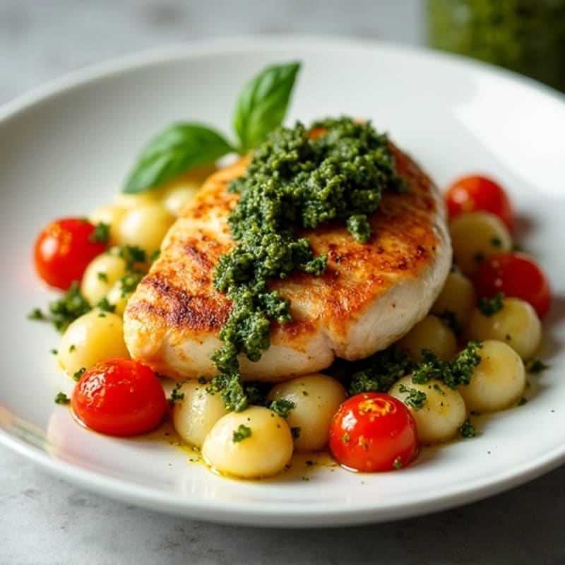 Pan-Seared Chicken with Crispy Gnocchi, Fresh Basil Pesto, and Roasted Cherry Tomatoes
