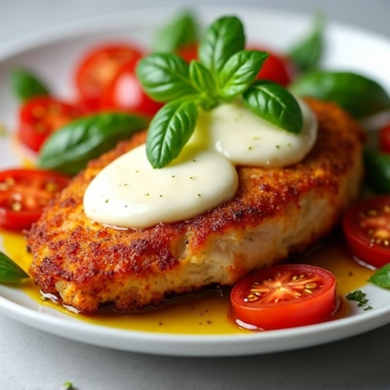 Crispy Chicken with Melted Mozzarella, Roasted Tomatoes, and Fresh Basil