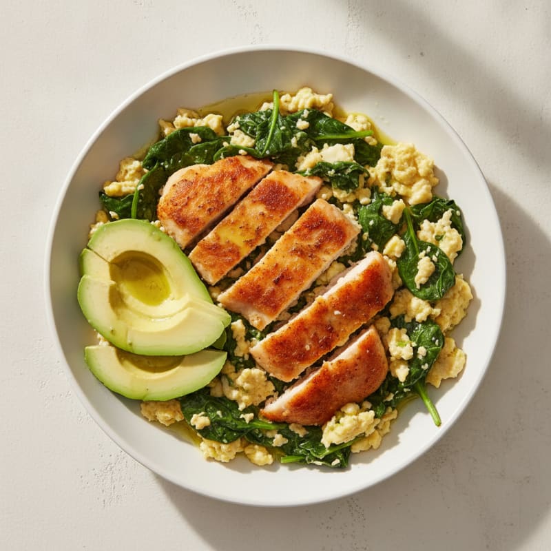 Crispy Chicken and Spinach Egg Scramble