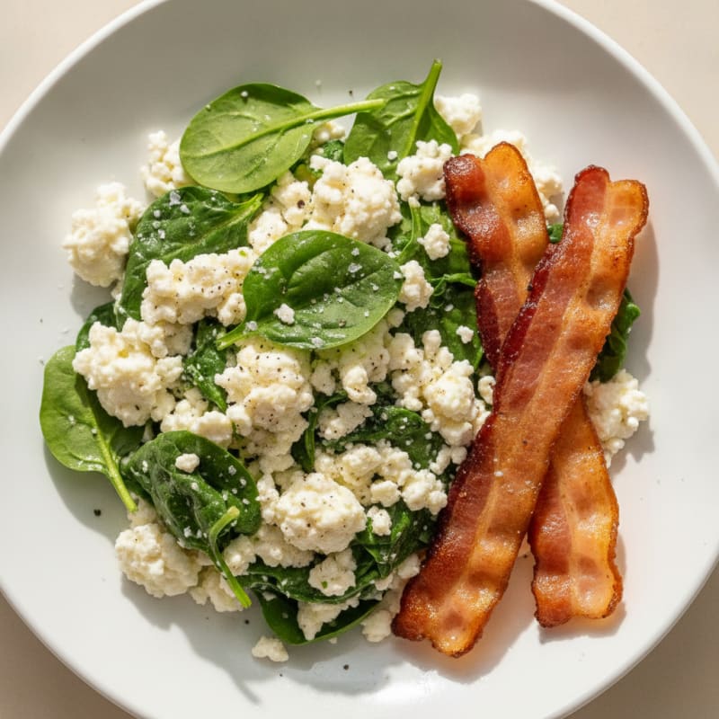 Cottage Cheese Egg White Scramble with Spinach and Turkey Bacon