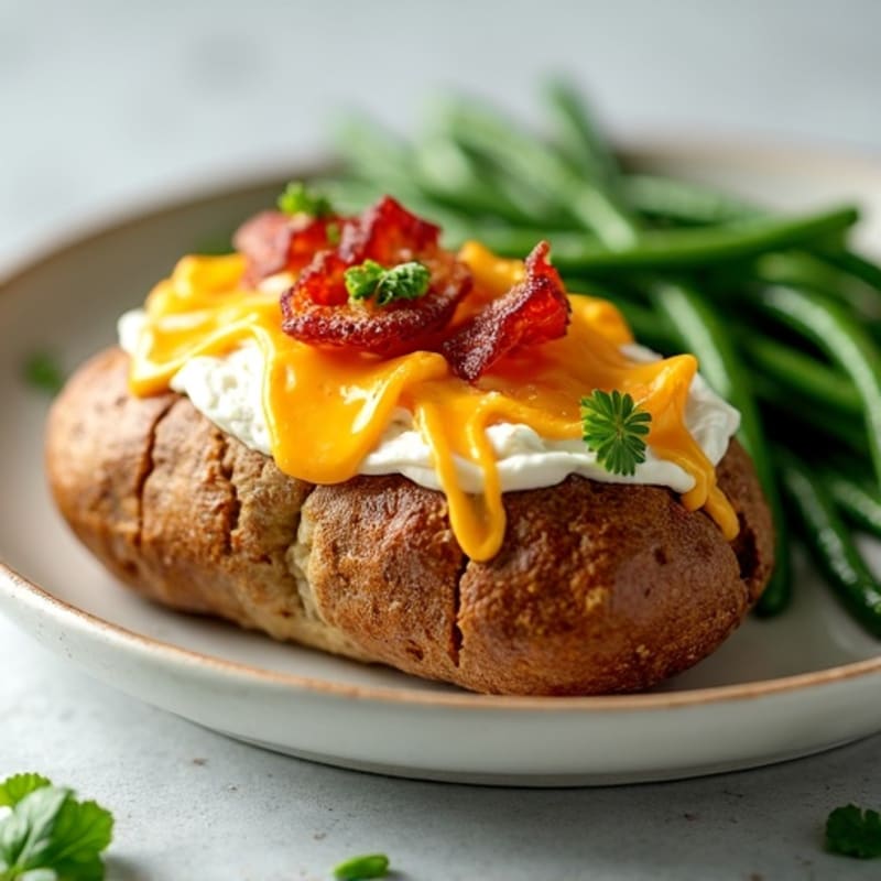Crispy Baked Potato with Lean Bacon, Cheesy Topping, and Roasted Green Beans