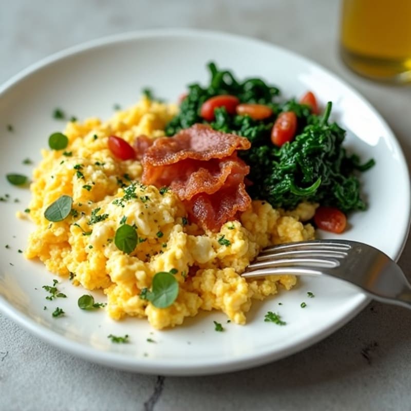 Egg White and Cottage Cheese Scramble with Sautéed Spinach and Turkey Bacon
