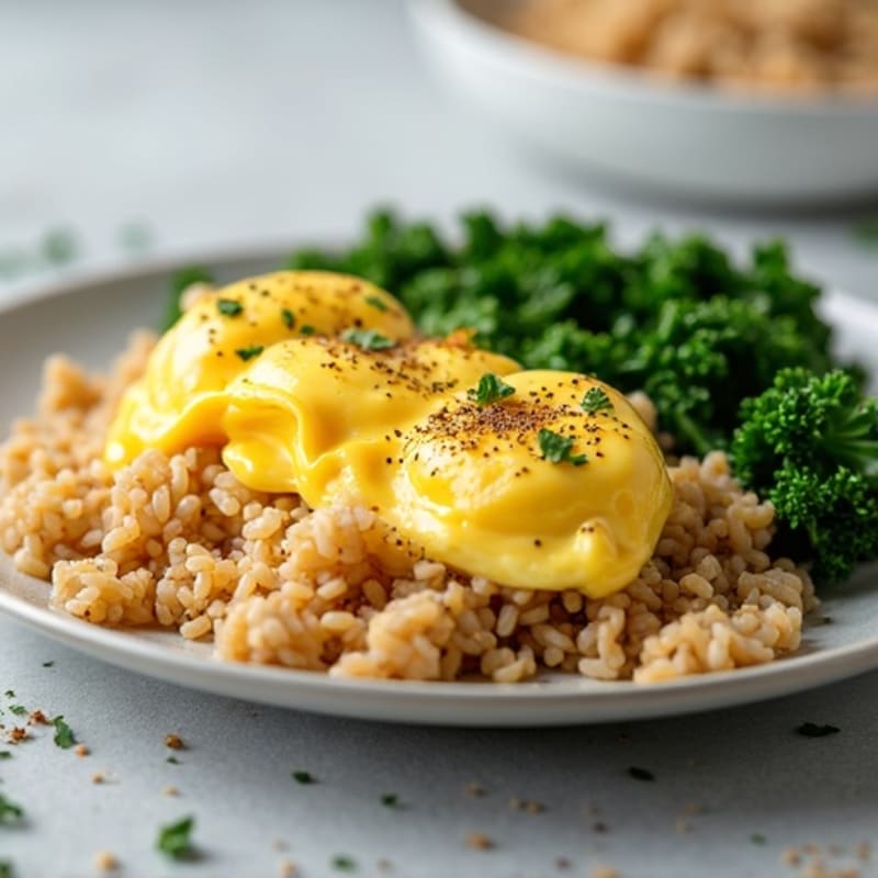 Creamy Scrambled Eggs with Brown Rice and Sautéed Greens