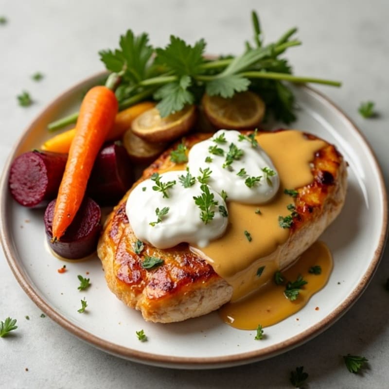 Creamy Maple Mustard Chicken with Roasted Root Vegetables