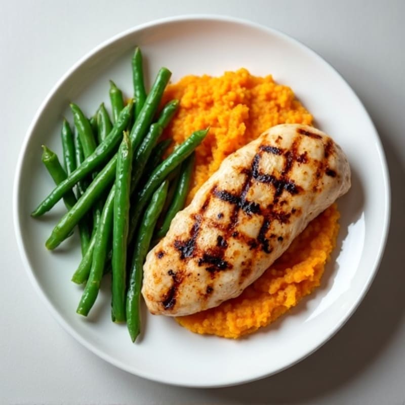 Grilled Chicken Breast with Steamed Green Beans and Sweet Potato Mash