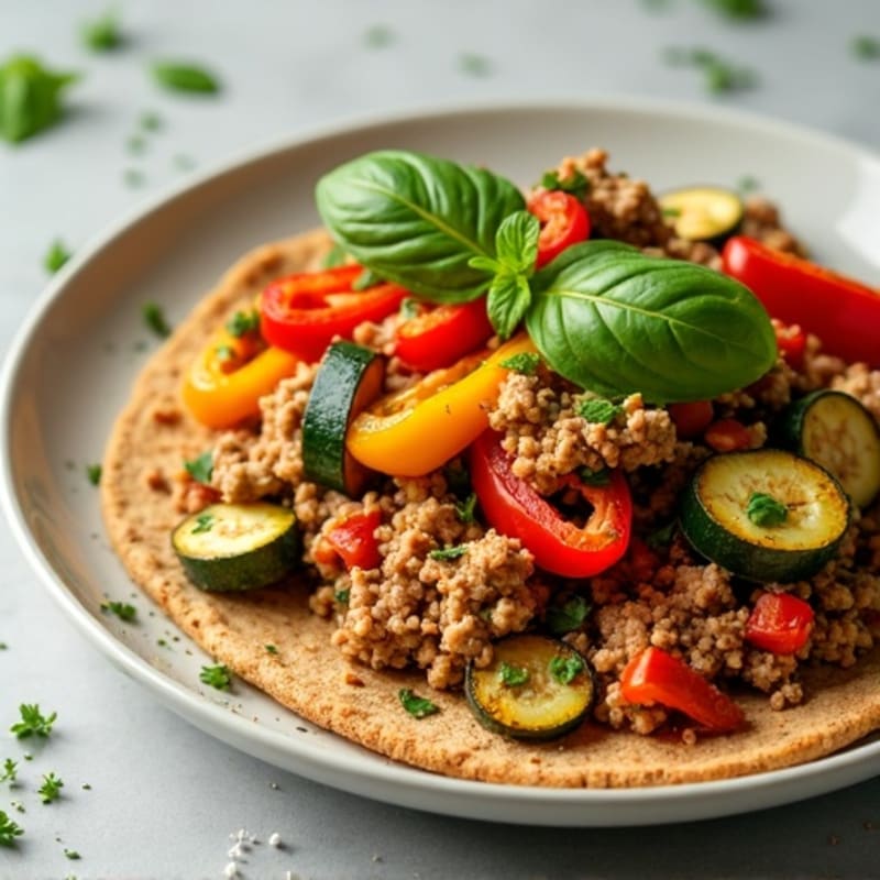 Whole Wheat Flatbread with Lean Ground Turkey, Roasted Vegetables, and Fresh Herbs