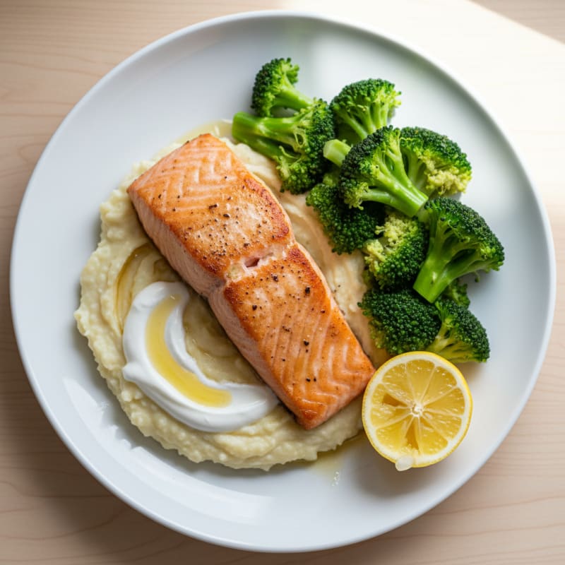Seared Salmon with Steamed Broccoli and Garlic Cauliflower Mash