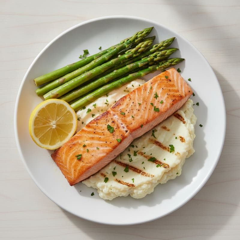 Seared Salmon with Steamed Asparagus and Cauliflower Mash