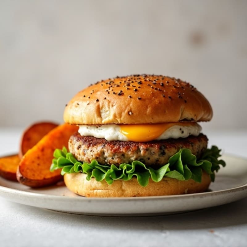 Lean Turkey Spinach Burger with Sweet Potato Wedges