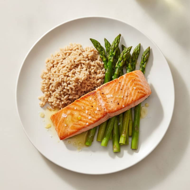 Seared Salmon with Steamed Asparagus and Brown Rice