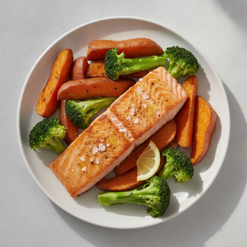 Seared Salmon Fillet with Roasted Sweet Potato and Steamed Broccoli