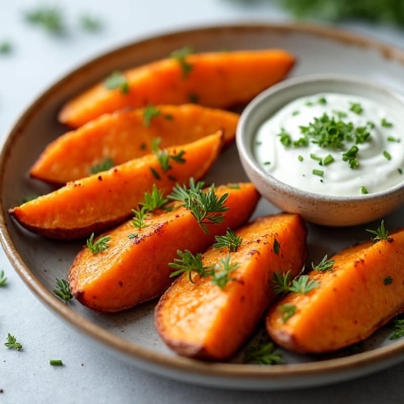 Crispy Baked Sweet Potato Wedges with Herb Yogurt Dip